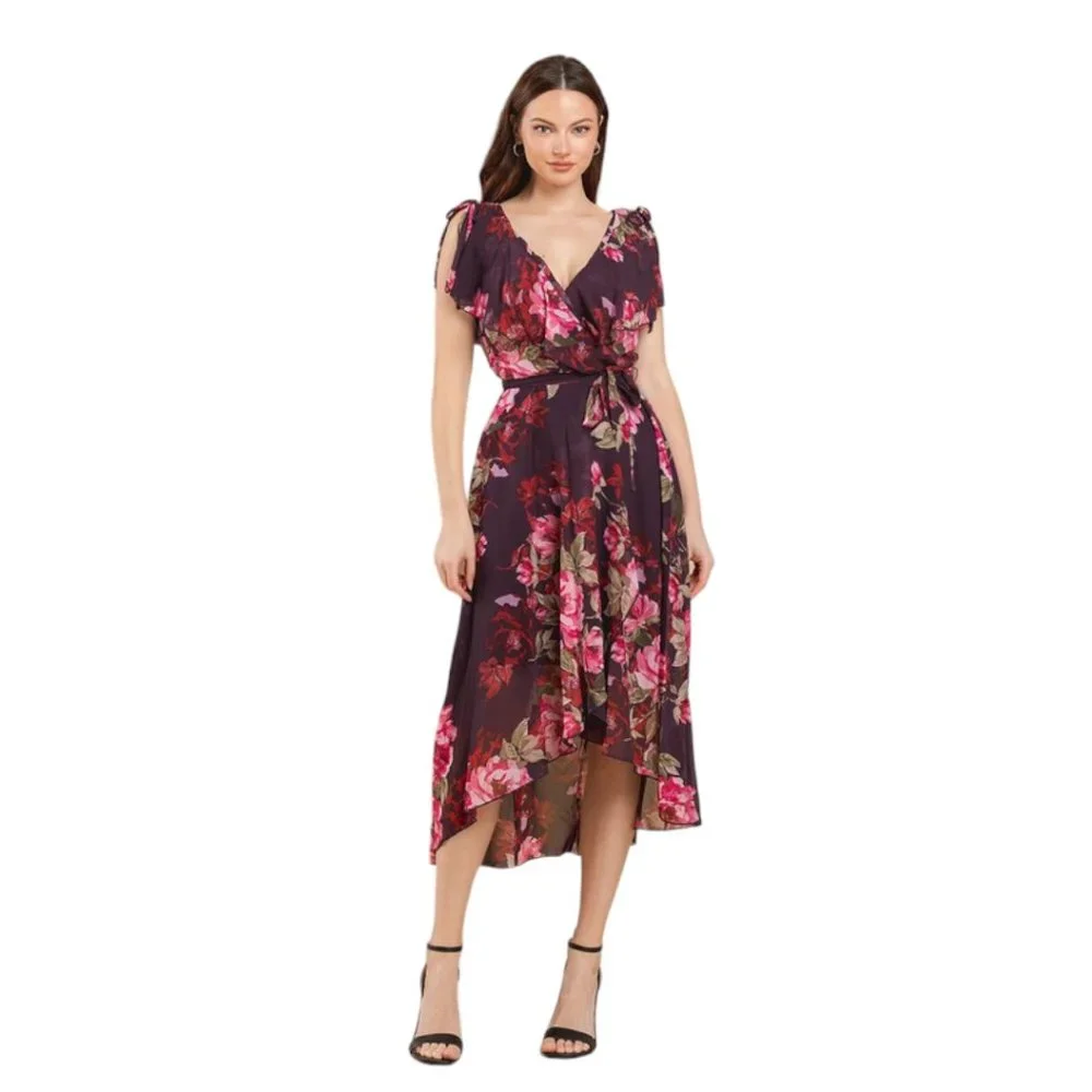 Plum and Red Roses Wrapped Ruffles Hi-Lo Midi Dress - Size 8 - Picture 6 of 8
